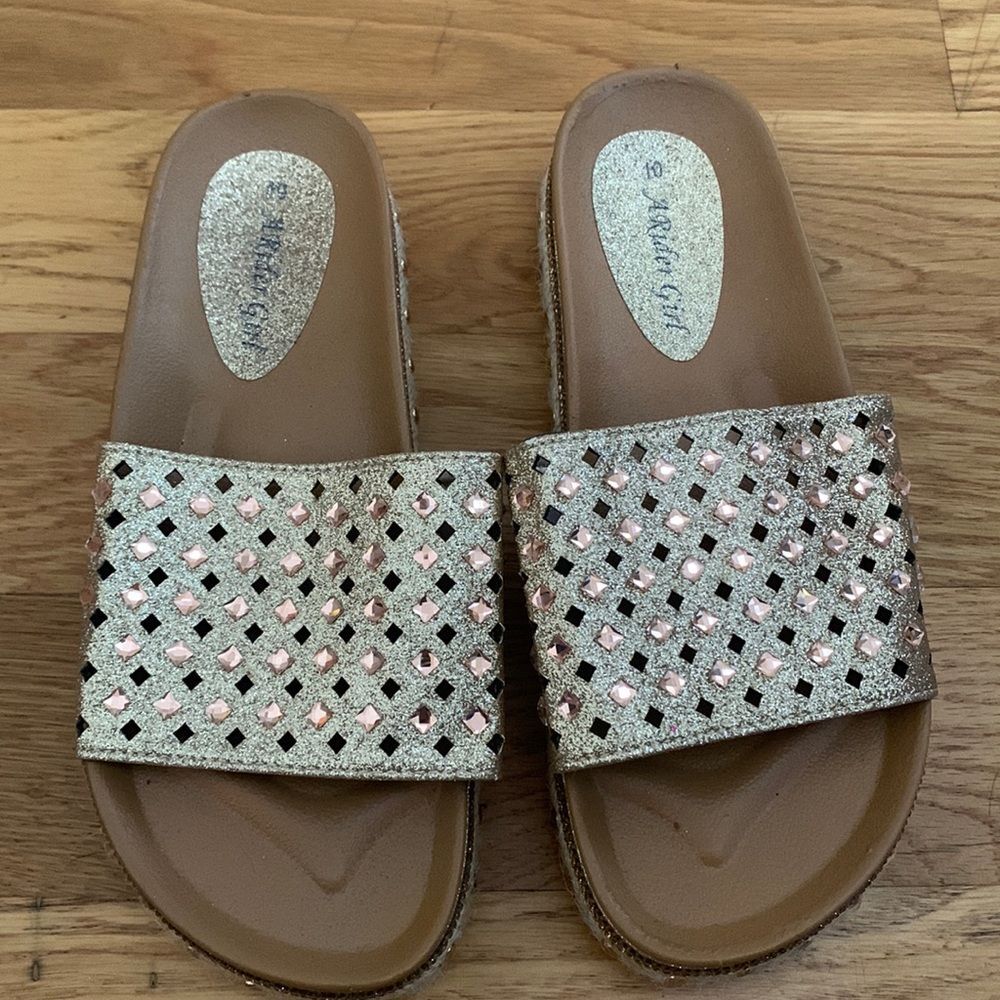 A Rider Girl Womens Pink Rhinestone Studded Glitter Slide Sandals Bling Size 10